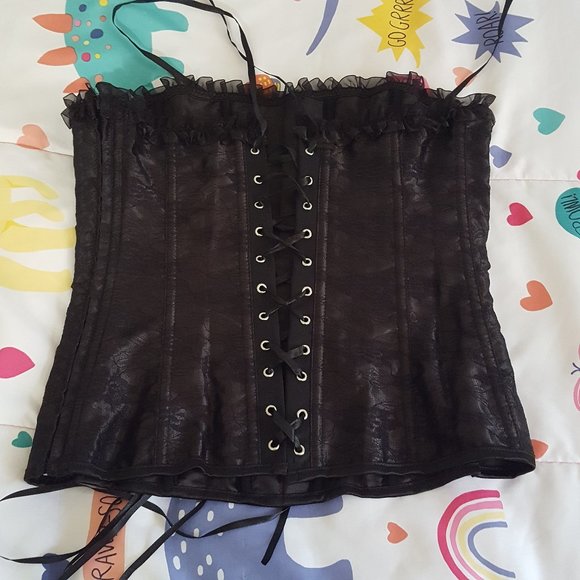 2pcs set black satin lace strapless corset bustier top and mini skirt - Picture 4 of 7